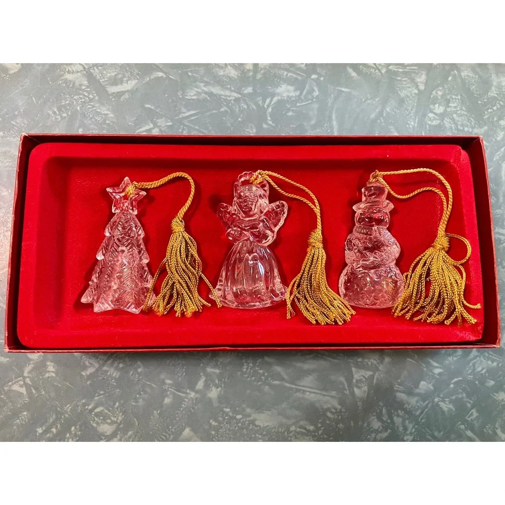 Gorham Crystal Trio of Angels Christmas Tree Ornament W/Gold Tassels In Box